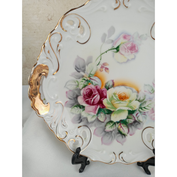 Vintage Porcelain Handled Dish with Cut-outs Edge Florals with Guilt Trim 8.5" - Picture 2 of 7